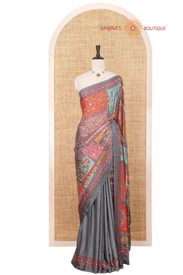 Grey Cinnon Silk Saree with Mirror Embroidery