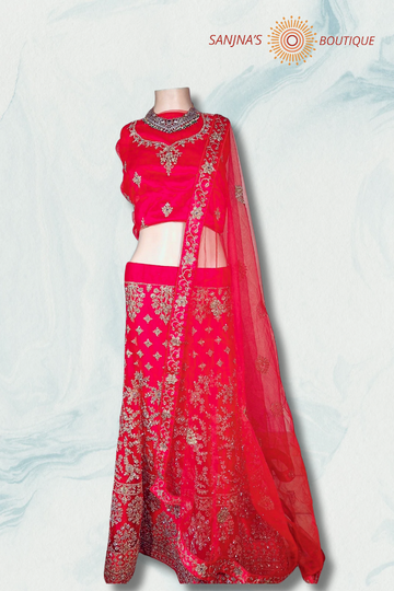 Chilli Red Lehenga with Golden Embroidery & Stones
