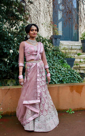 Stunning Onion Rose Satin Net Stitched Lehenga