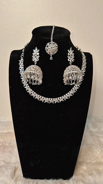 Radiant White-Silver AD Stone Necklace Set with Jhumka & Maang Tikka