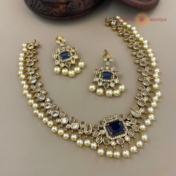 Matte Gold AD Blue & white Stones Jewelry set