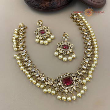 Matte Gold AD Red & white Stones Jewelry set