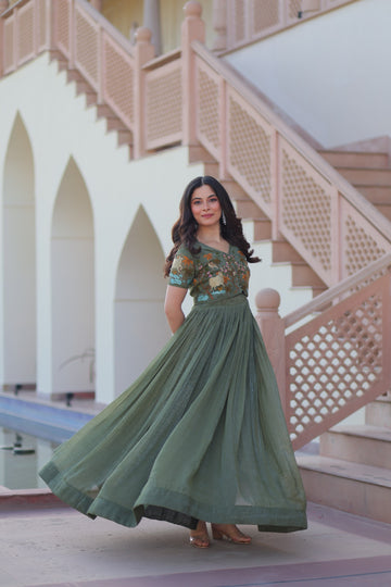 Premium Designer Mehendi Green Readymade Coat Model Long Gown