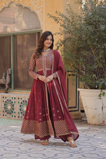 Wine colour Long Gown with Palazzo Dupatta
