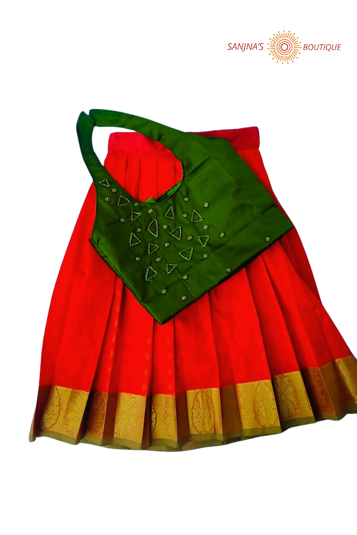Chili Red with Olive Green Pavadai Sattai Sanjnas Boutique Chili Red with Olive Green Pavadai Sattai Sanjnas Boutique