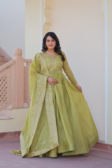 Elegant Light Mehendi Green Long Gown