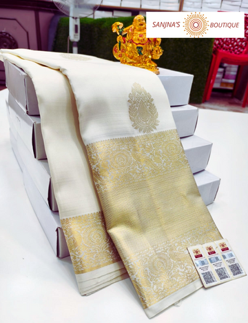 White Pure Kanchipuram Handloom Bridal Silk Saree