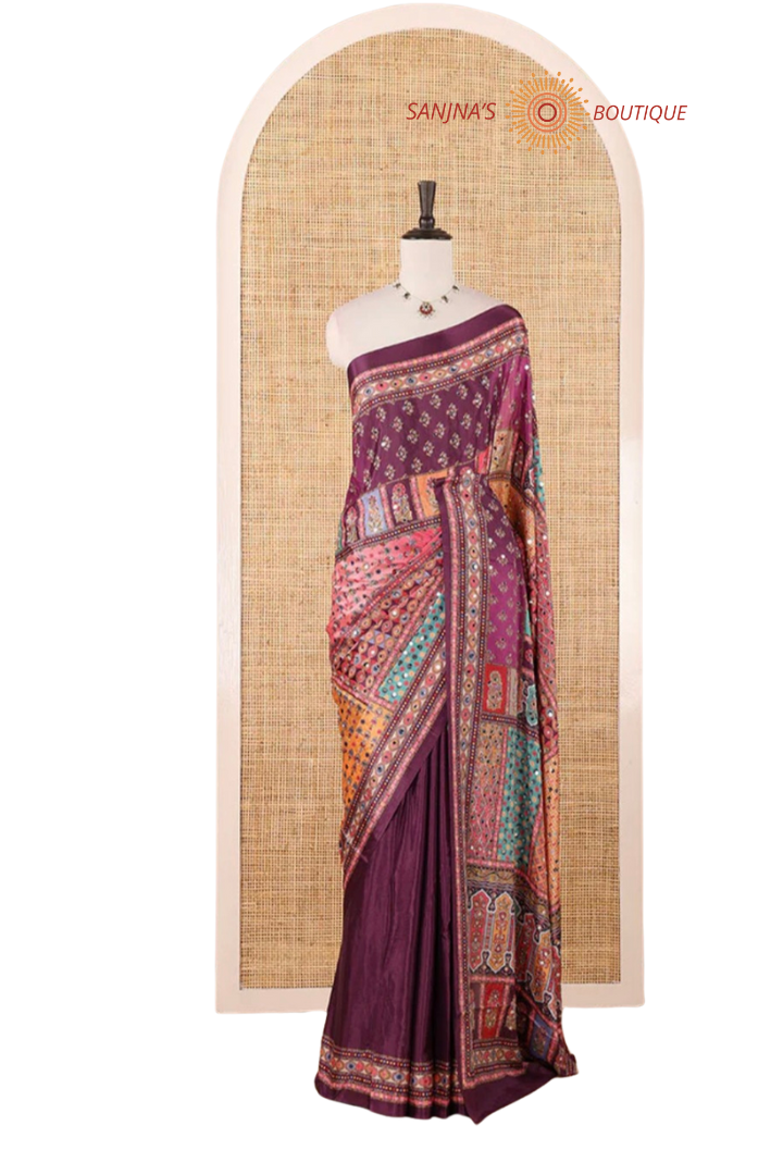 Wine Red  Cinnon Silk Saree with Mirror Embroidery