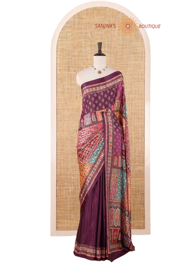 Wine Red  Cinnon Silk Saree with Mirror Embroidery