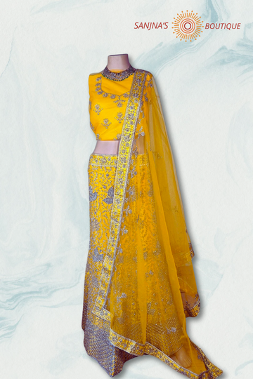 Stunning Yellow Satin Net  Semi  Stitched Lehenga