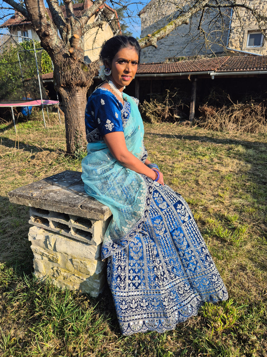 Peacock-Colored Velvet Lehenga with Mirror Work