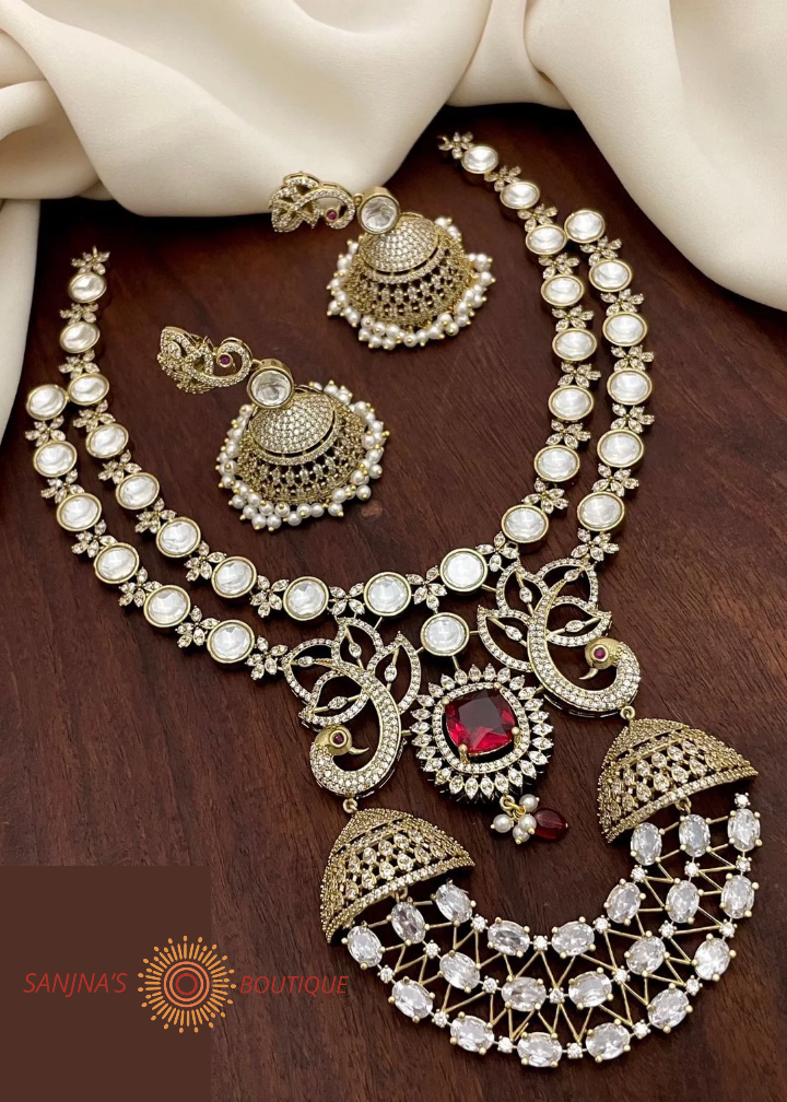 Royal White & Red Kundan Necklace Set with Earrings