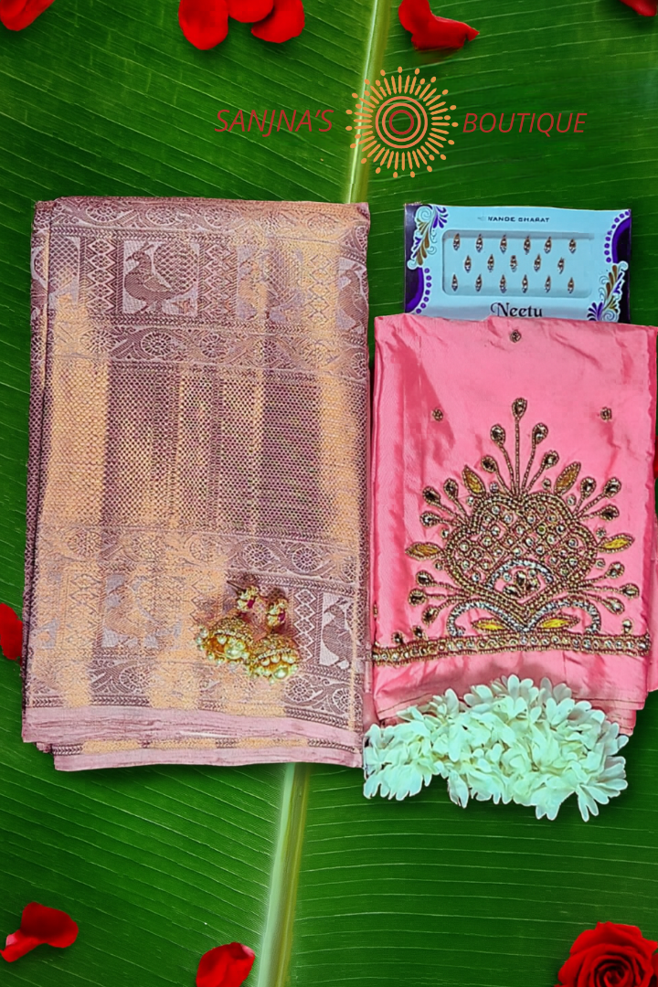 Elite Combo Offer – Light Rose Kanchipuram Silk Saree with FREE Matching Accessories!