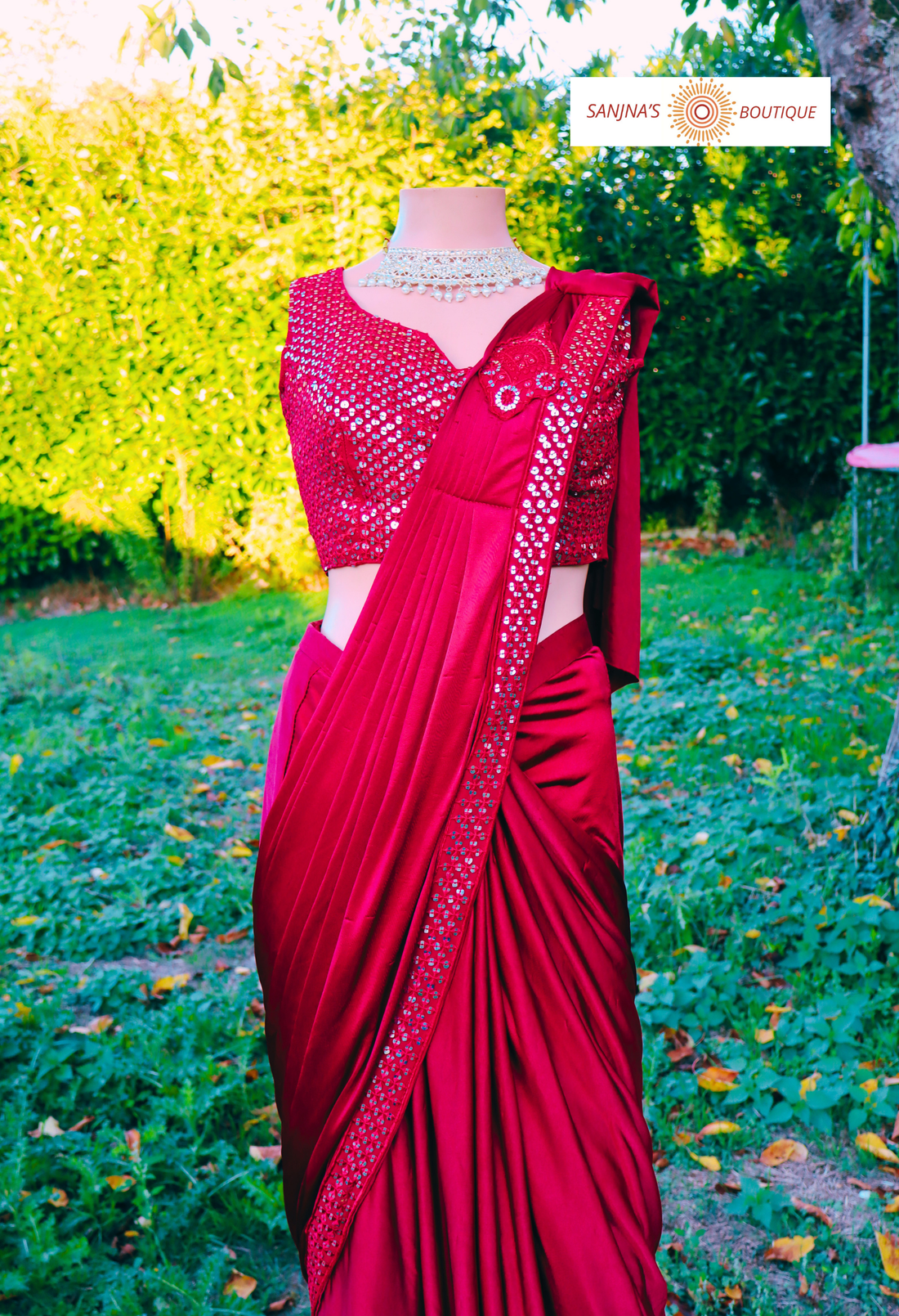 Sari Rouge Paillettes Argentées