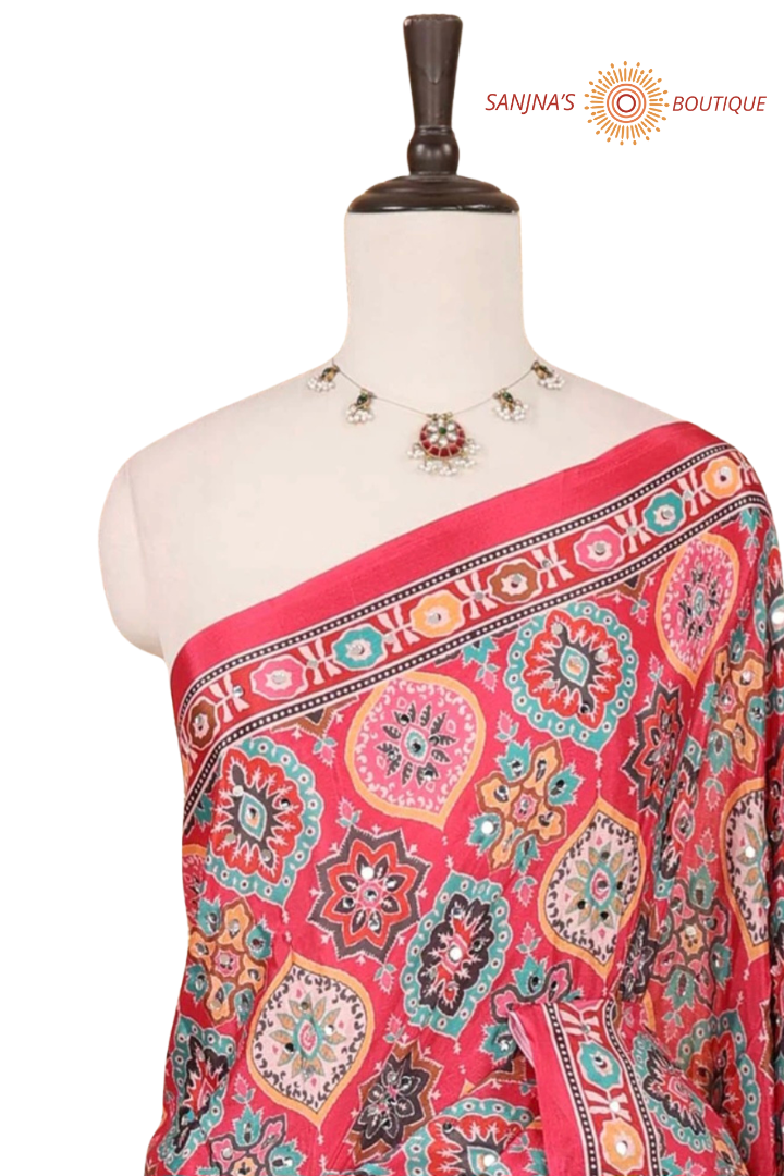 Reddish Pink Cinnon Silk Saree with Mirror Embroidery