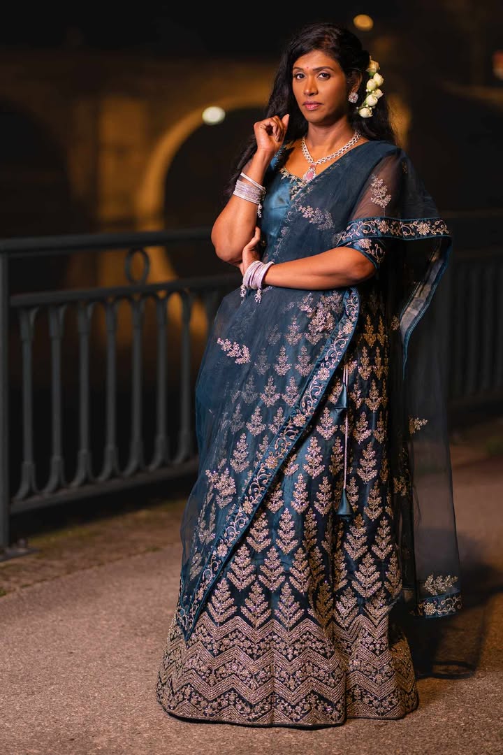 Stunning Peacock Lehenga + Silver & Rose Stone Jewelry Set with Earrings