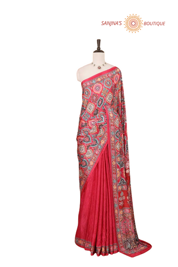 Reddish Pink Cinnon Silk Saree with Mirror Embroidery
