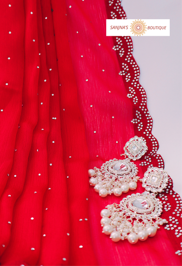 Cherry red diamond saree