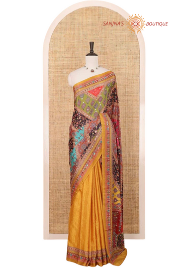 Yellow Cinnon Silk Saree with Mirror Embroidery