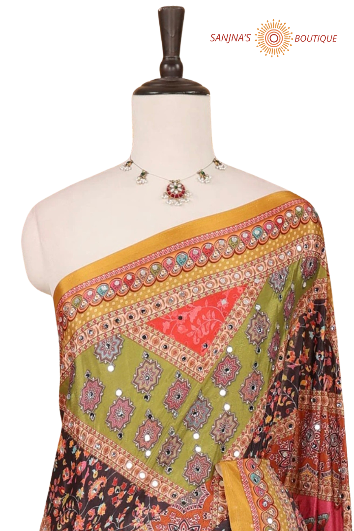 Yellow Cinnon Silk Saree with Mirror Embroidery