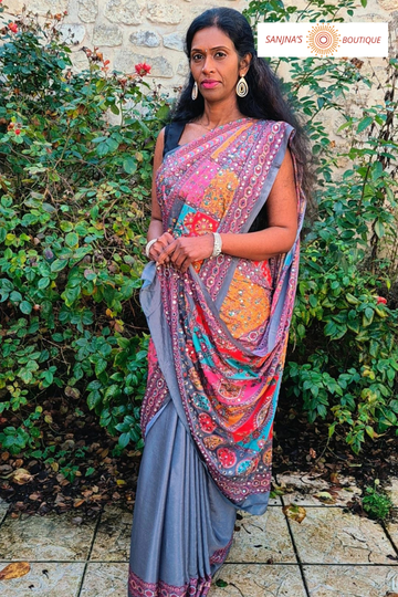Grey Cinnon Silk Saree with Mirror Embroidery