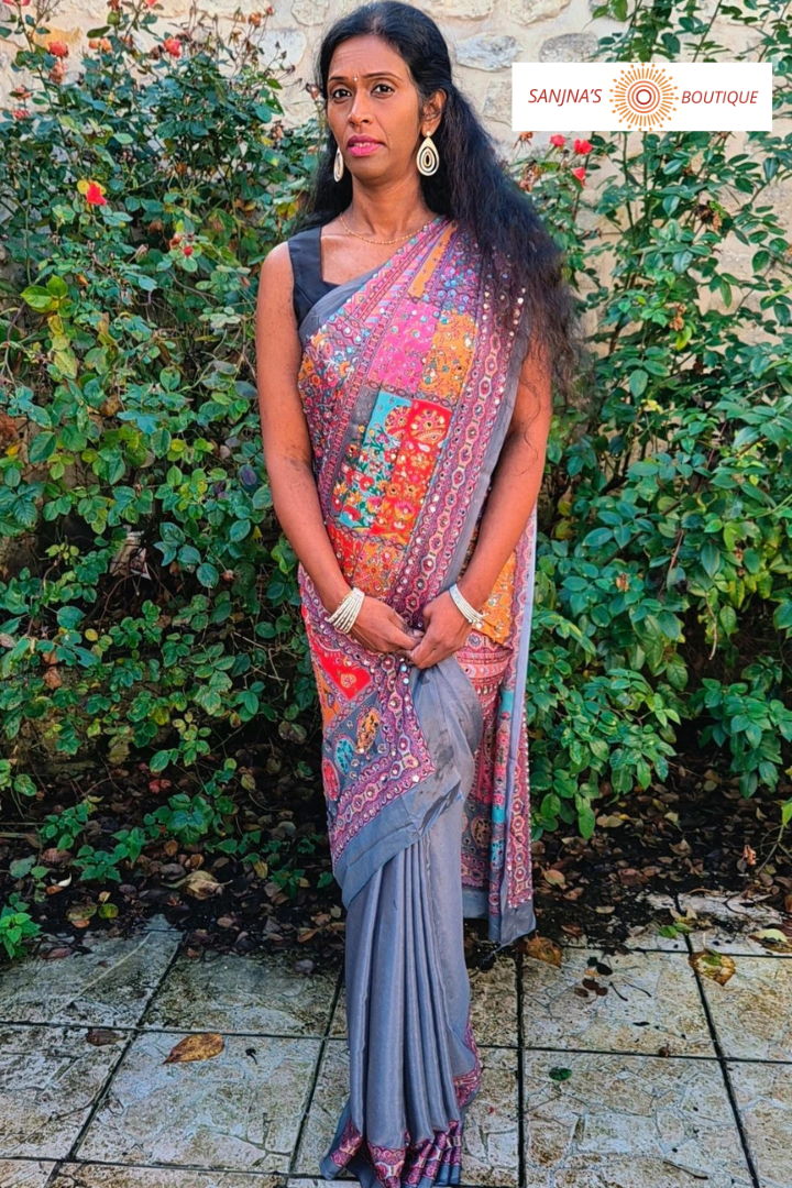 Grey Cinnon Silk Saree with Mirror Embroidery