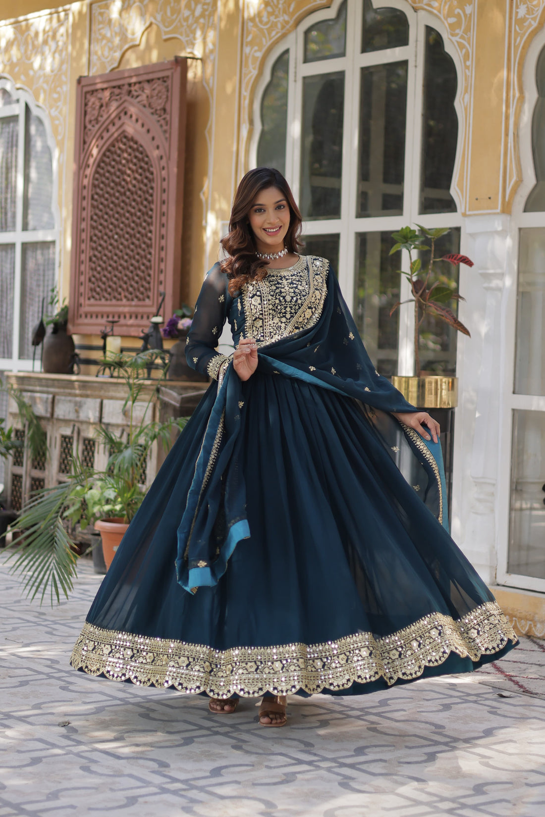 Bottle Green Colour Embroidered Party Wear Gown with Dupatta