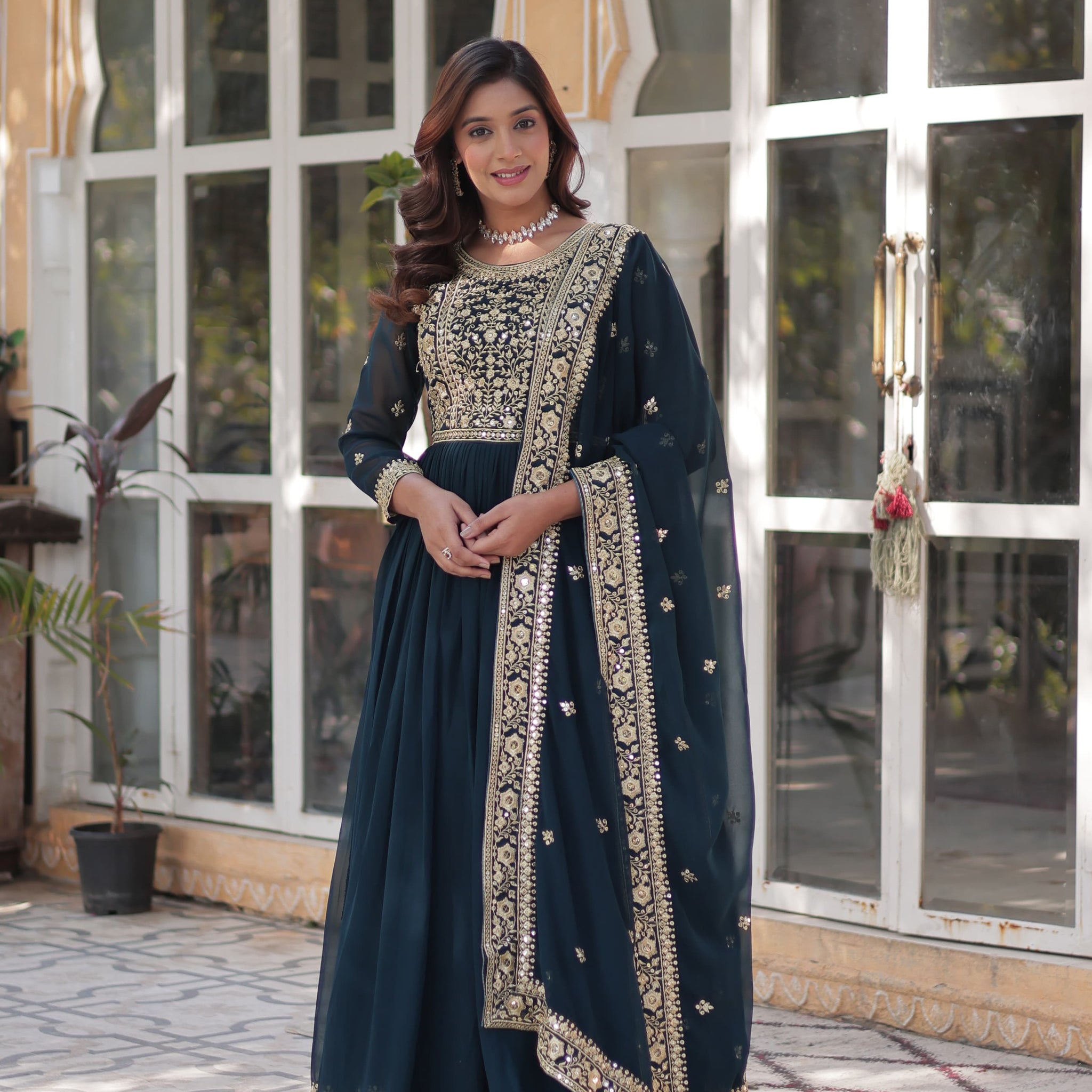 Bottle Green Colour Embroidered Party Wear Gown with Dupatta