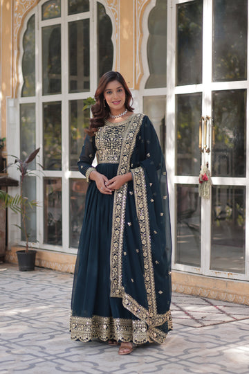 Bottle Green Colour Embroidered Party Wear Gown with Dupatta