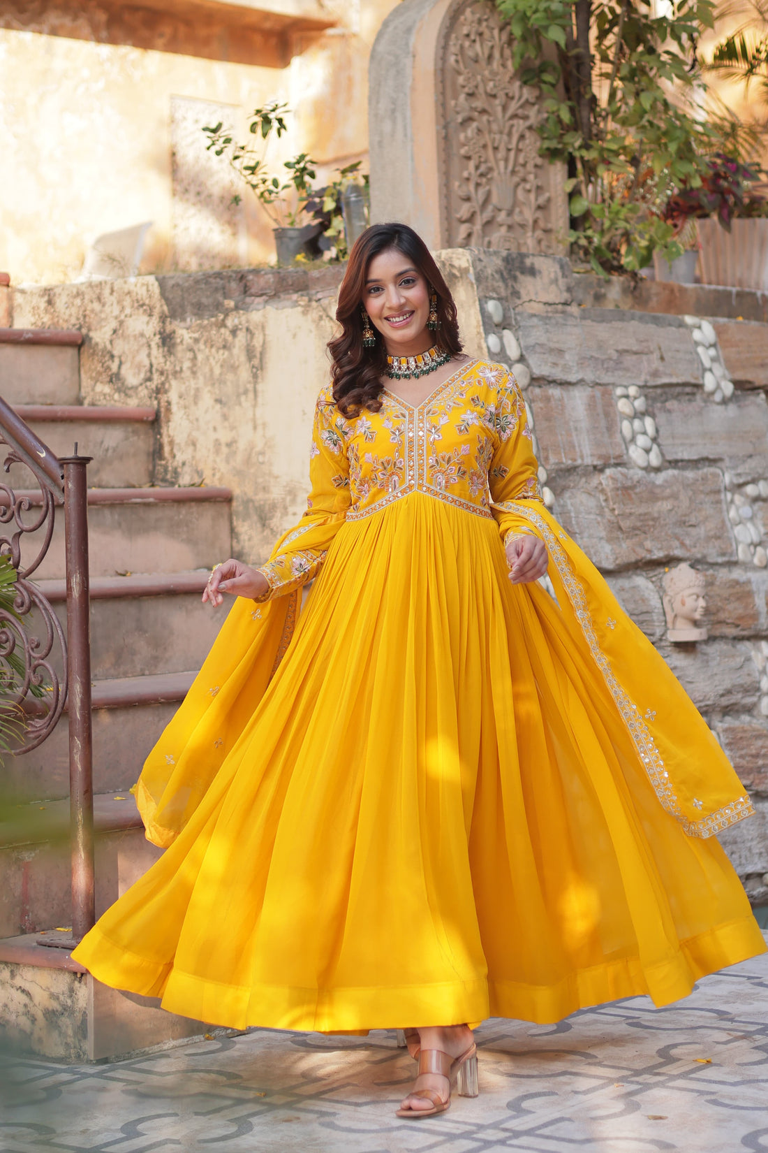 Pre- order  Premium Floral yellow Gown with Dupatta Collectiion