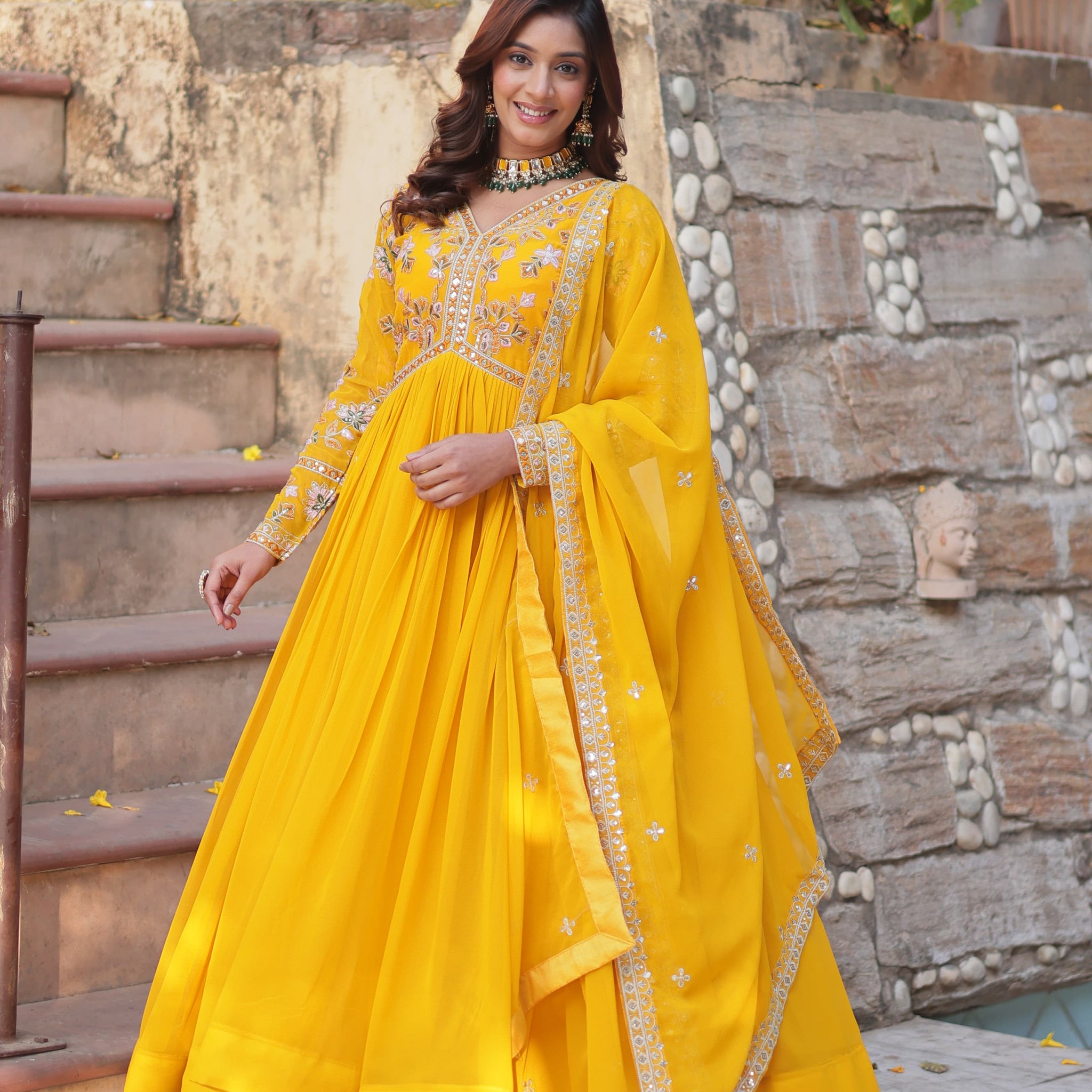 Pre- order  Premium Floral yellow Gown with Dupatta Collectiion
