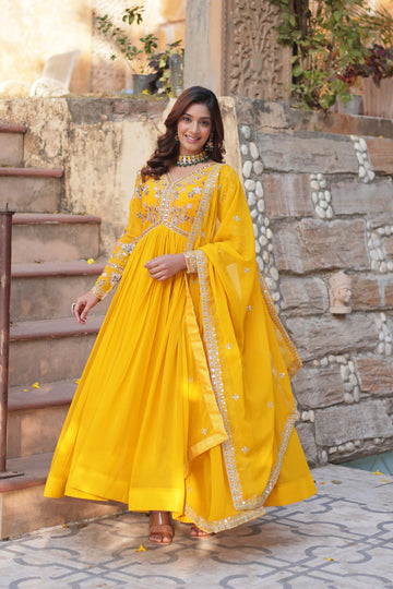 Pre- order  Premium Floral yellow Gown with Dupatta Collectiion