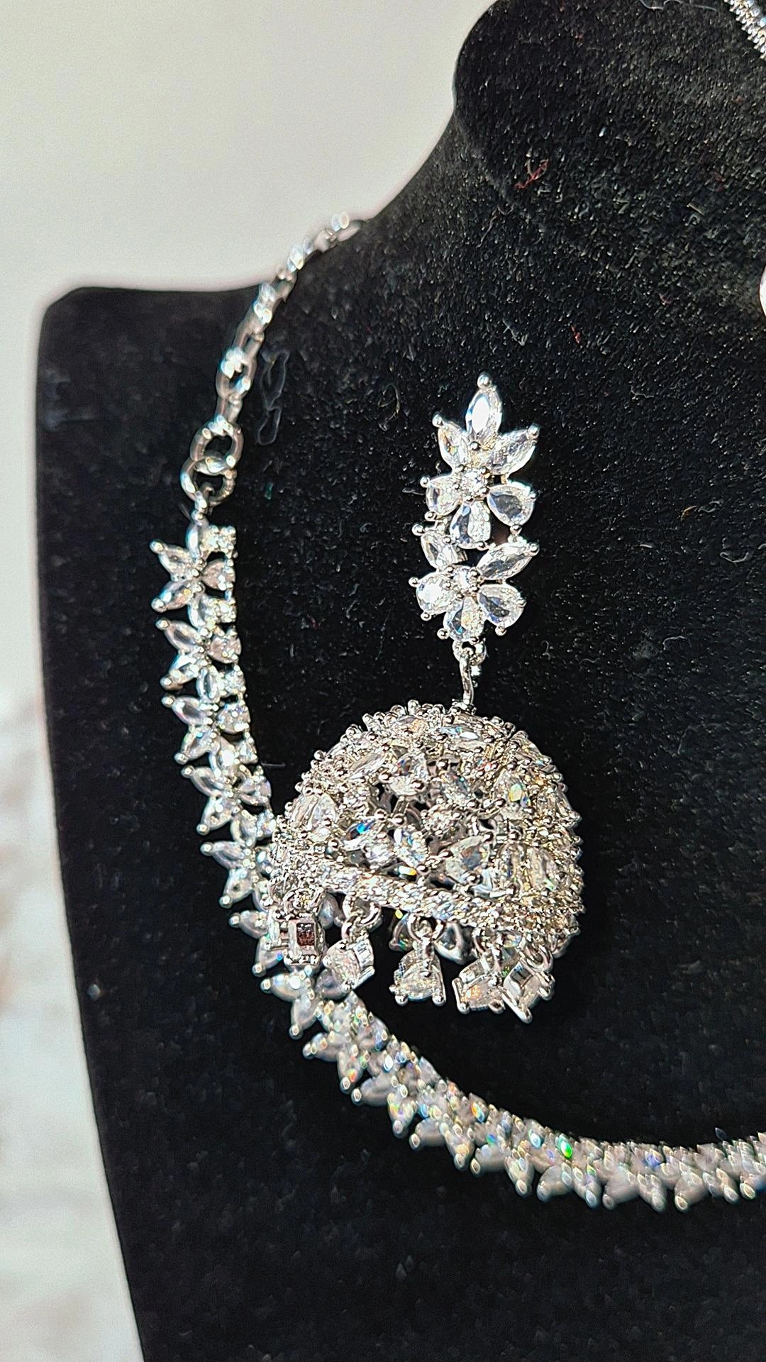 Radiant White-Silver AD Stone Necklace Set with Jhumka & Maang Tikka