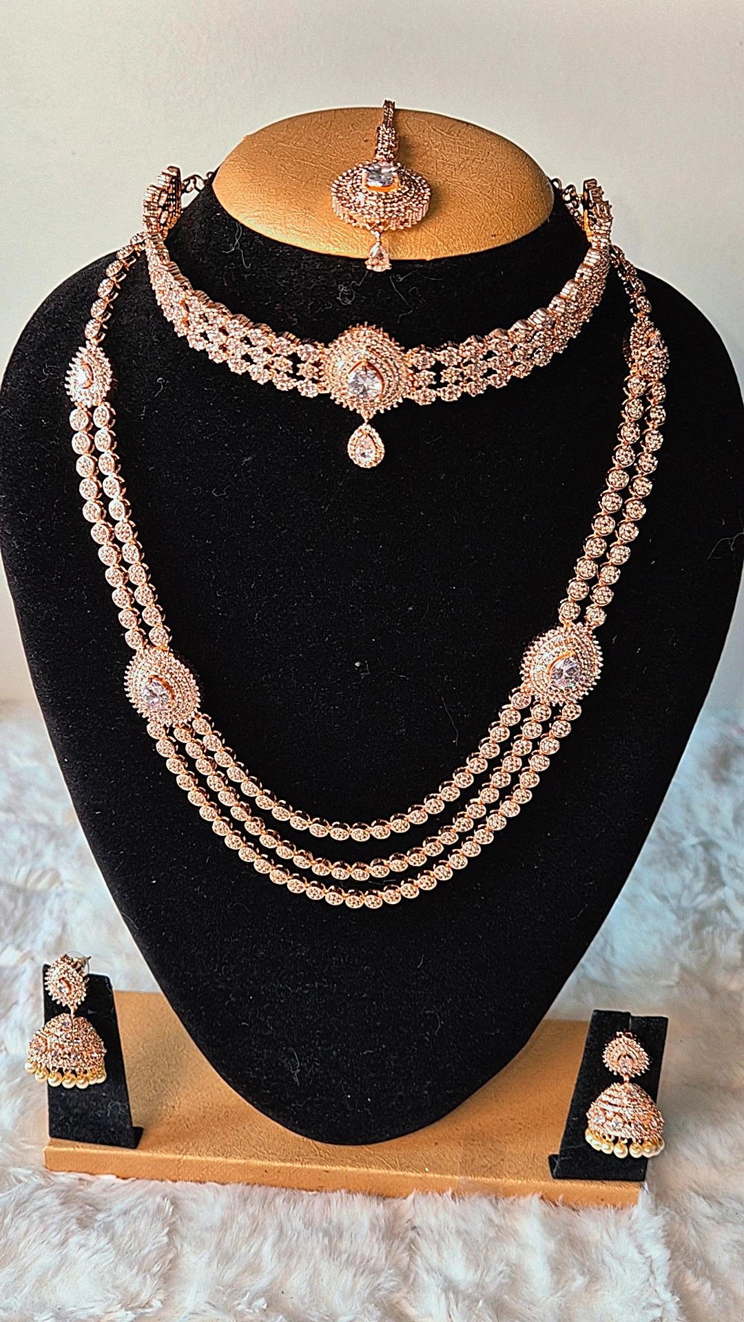 Rose Gold Radiance: AD Stone Aaram Set with Jumka & Tikka