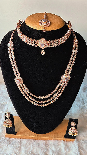 Rose Gold Radiance: AD Stone Aaram Set with Jumka & Tikka