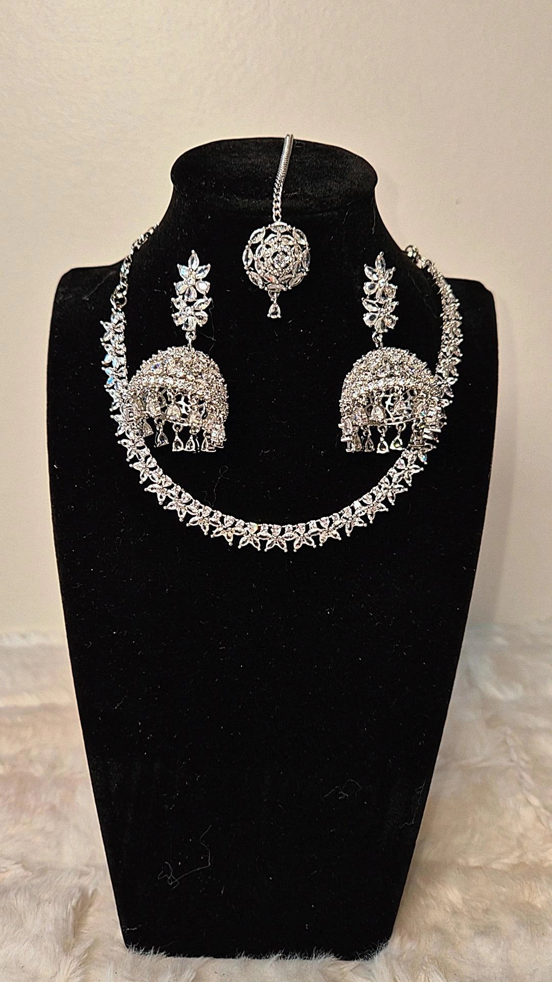 Radiant White-Silver AD Stone Necklace Set with Jhumka & Maang Tikka