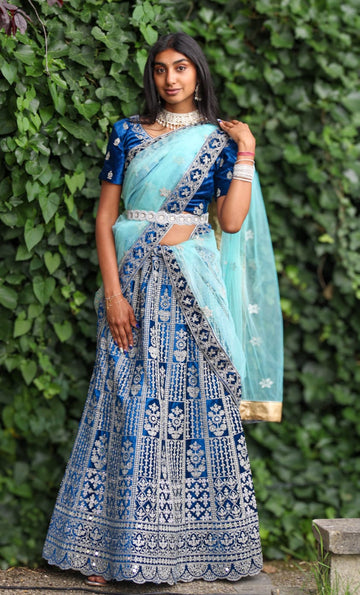Peacock-Colored Velvet Lehenga with Mirror Work