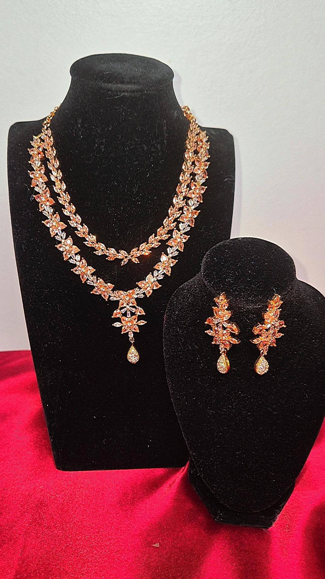 AD Golden & White Stone Necklace Set with Earrings