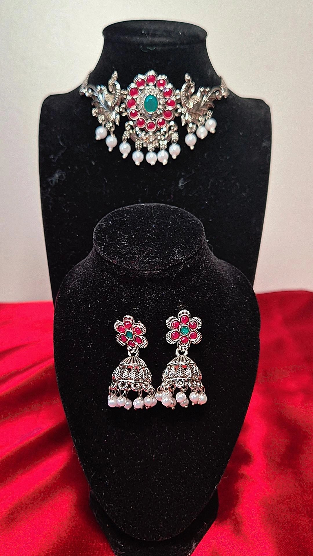 Silver Peacock Necklace Set with Earrings