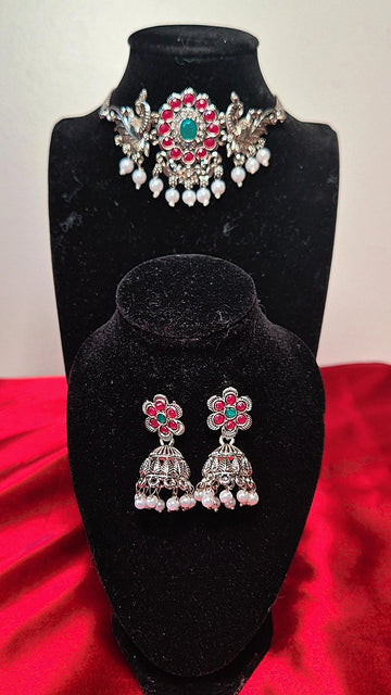 Silver Peacock Necklace Set with Earrings