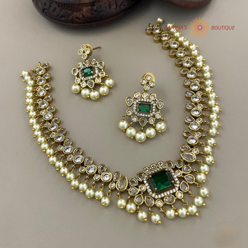 Matte Gold AD Green & white Stones Jewelry set
