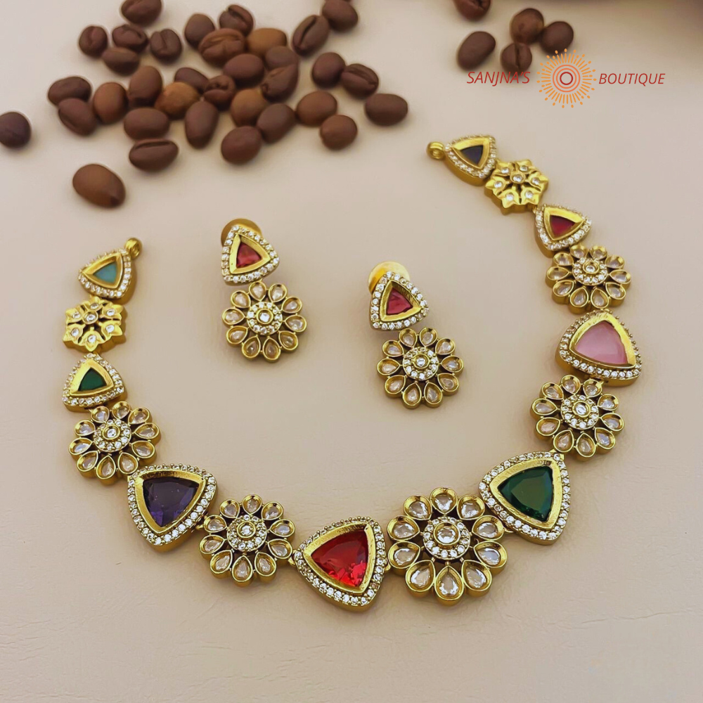 Matte AD Gold Multi Stone Necklace set