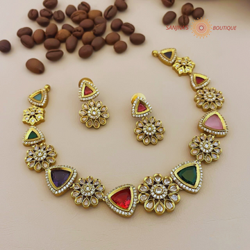 Matte AD Gold Multi Stone Necklace set