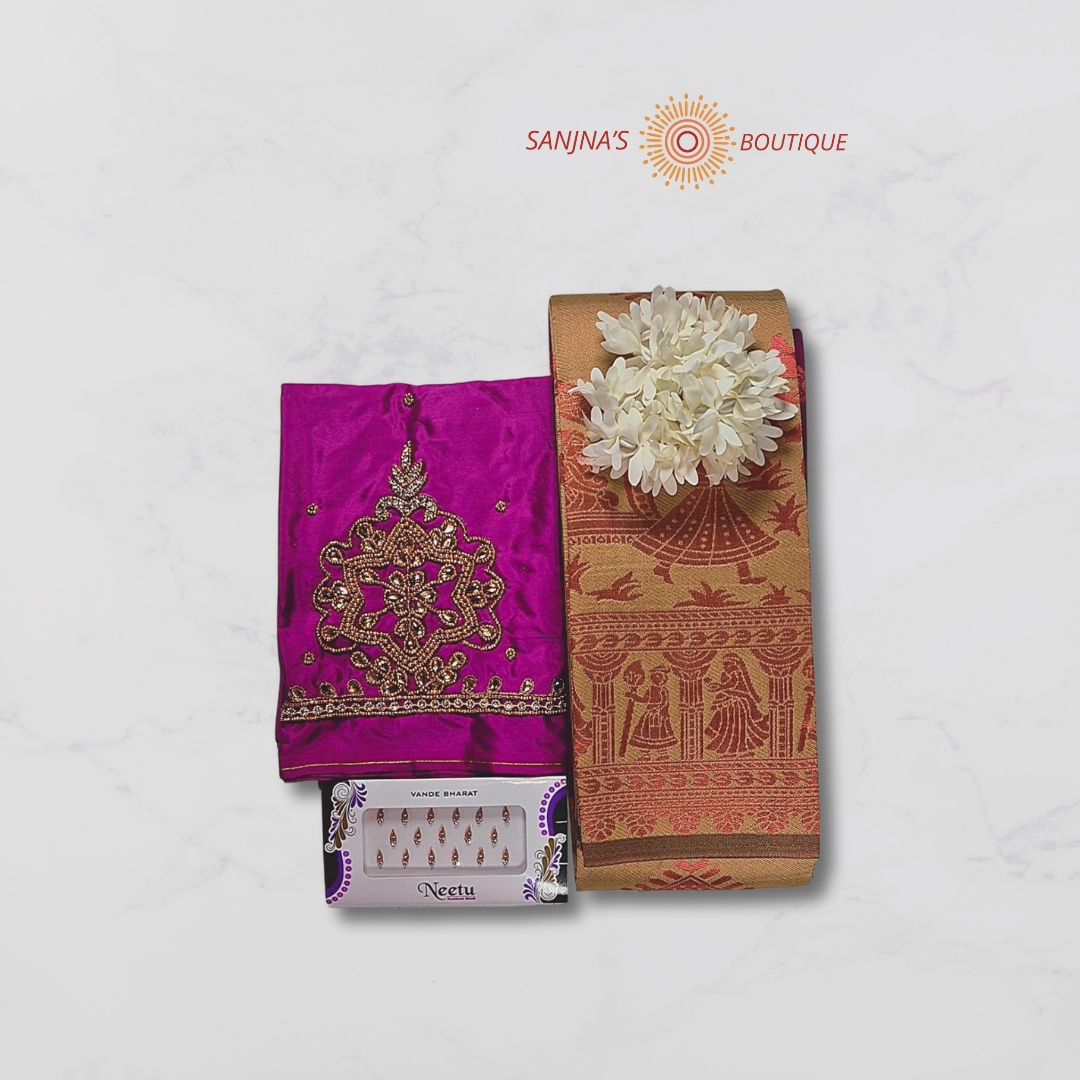 Golden Soft Silk Saree with Purple Aari Work Blouse