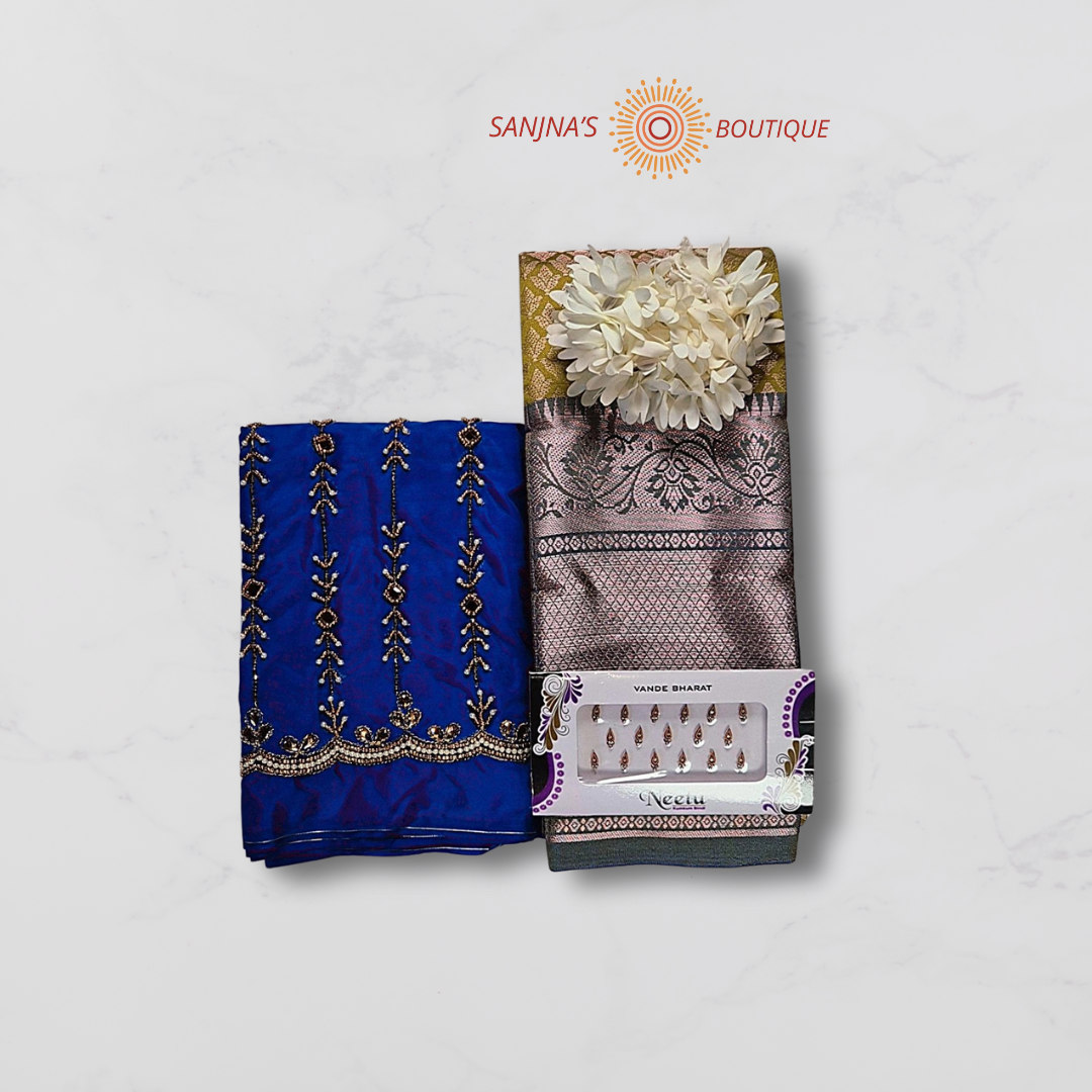 Pemium Mehendi Green Soft Silk Saree  Royal Blue Aari Blouse