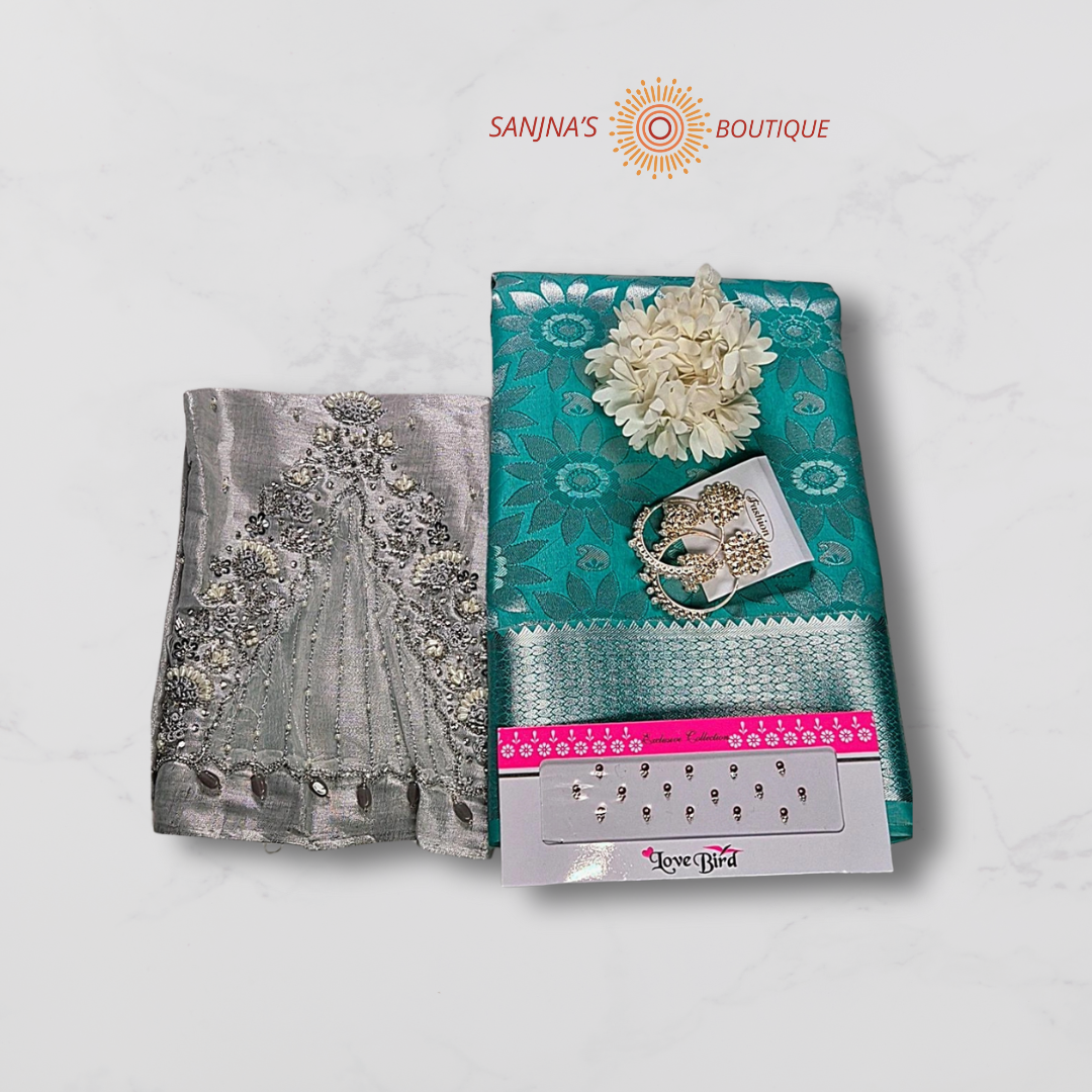 Premium Aqua Green Silk Saree Combo