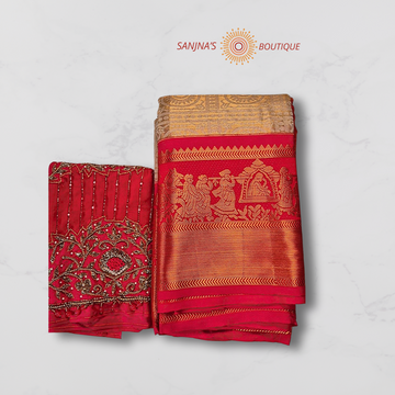 Premium Red & Light Sandal Soft Silk Saree with Designer Aari Work Blouse