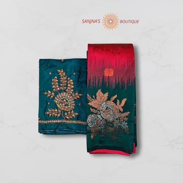 Bottle Green  with Rani red Soft Silk Saree  combo