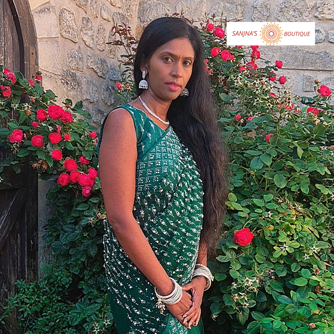 Bottle Green Ready-to-Wear Designer Net Saree with Pearl and Stone Work