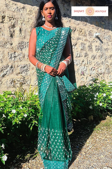 Bottle Green Ready-to-Wear Designer Net Saree with Pearl and Stone Work